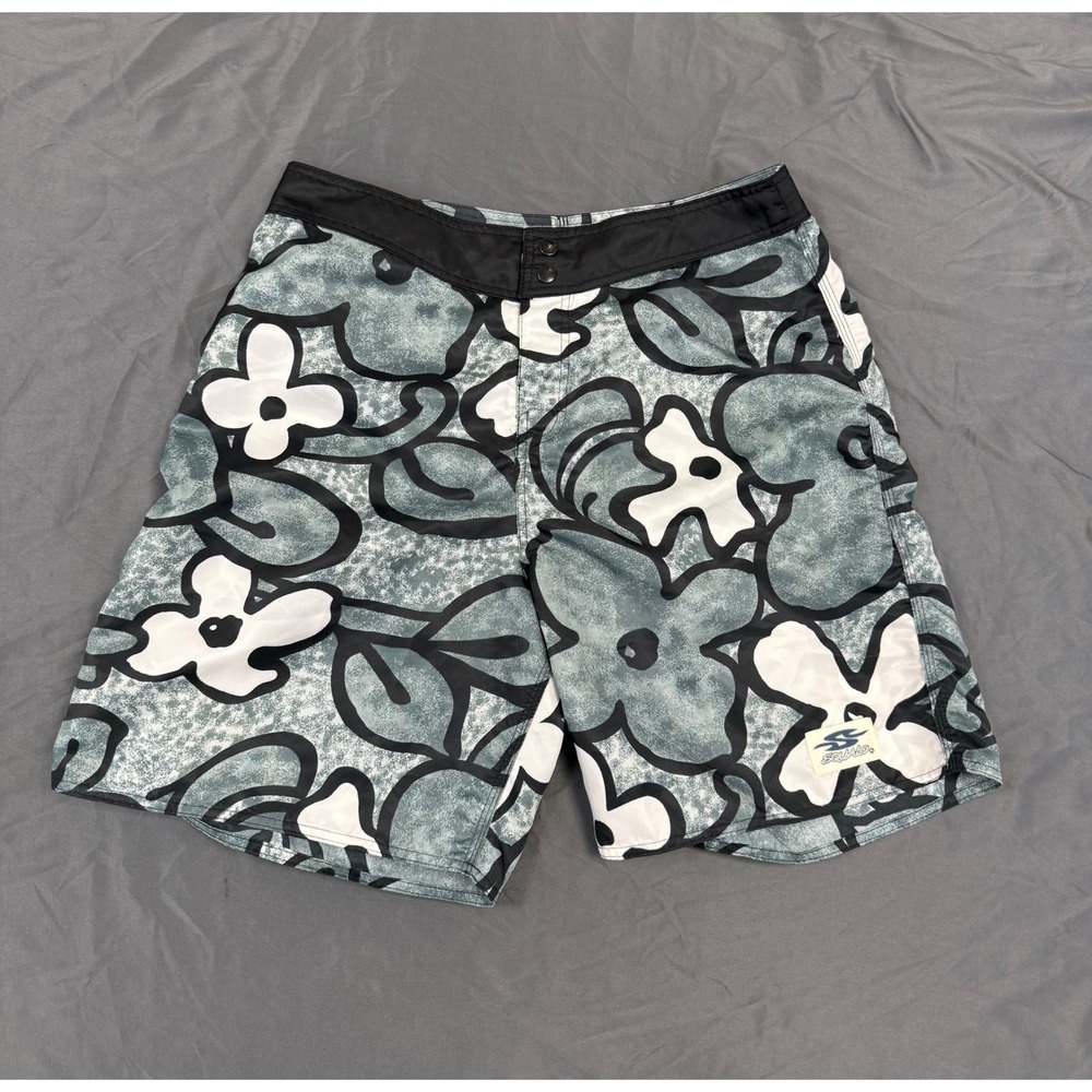 Vtg Squalo Mens Floral Board Shorts Grey Black White Nylon Swim Trunks Size 36‎